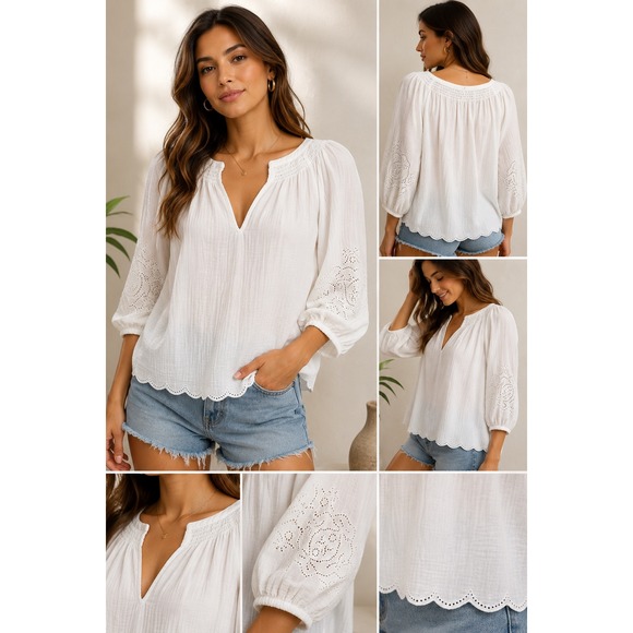 GAP Tops - Gap Blouse Womens XL White Eyelet Smocked Balloon Sleeve Scalloped Hem Gauze Top